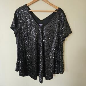 Roaman's Women V-Neck Sequin Top, Size 22W Short Sleeves Party Flowy